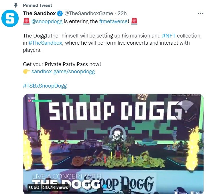Anuncio oficial de la colección The Sandbox Snoop Dogg NFT a través de Twitter