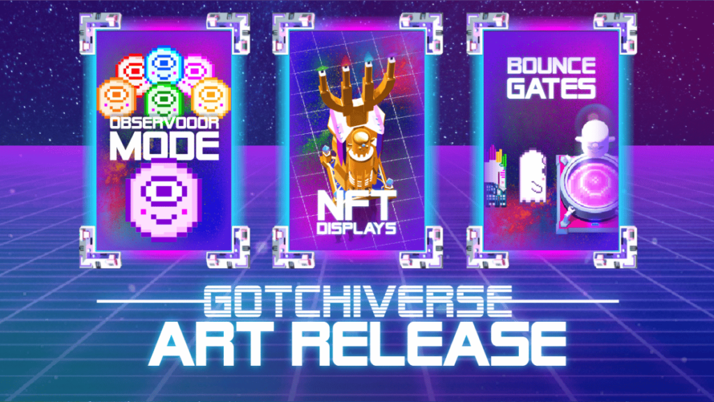 Aavegotchi agrega una función de pantalla NFT, entre otras image showing Aavegotchi art release poster with text, including NFT display and three boxes.