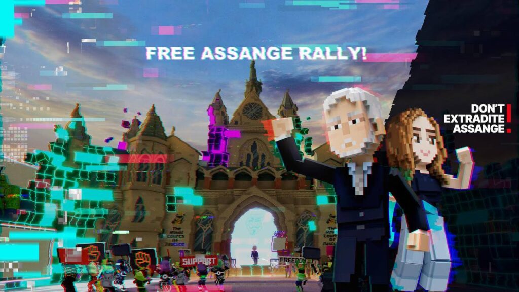 Extradición de Julian Assange: el metaverso se moviliza contra la injusticia Julian Assange Metaverse Rally Poster