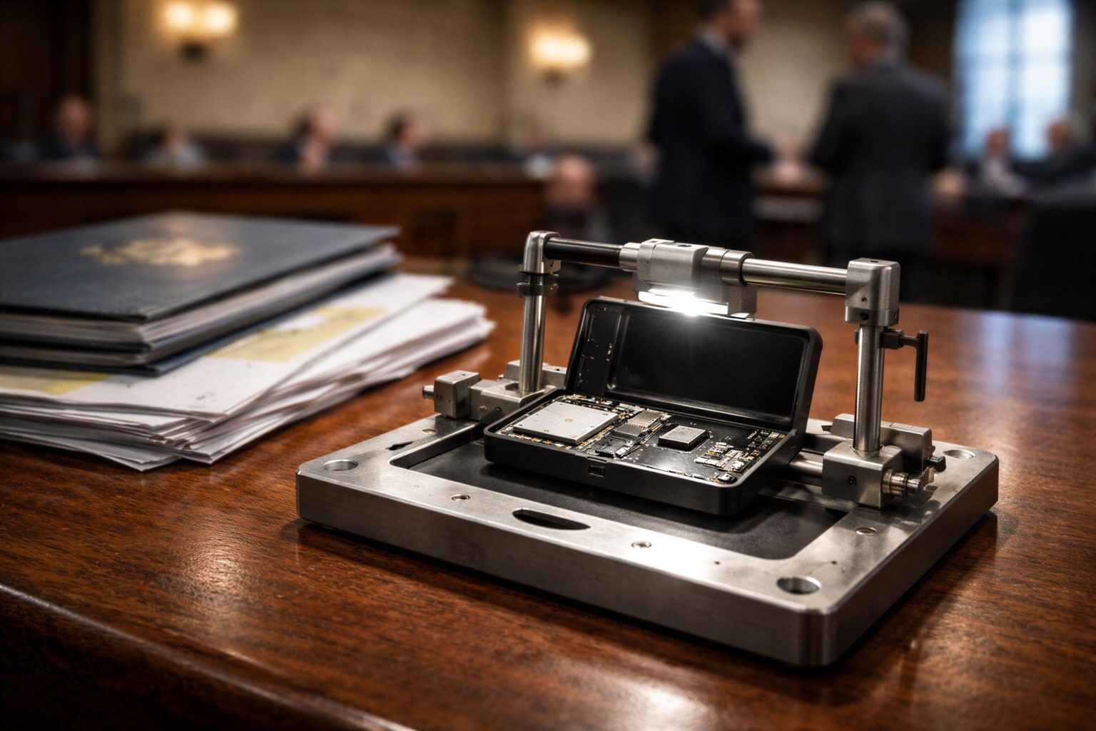 Disassembled crypto wallet device under inspection in a legislative setting, symbolizing proposed backdoor recovery access tied to a state bill amendment