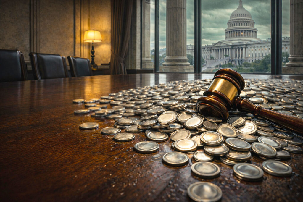 Bitcoin coin sunk into a cracked trading office floor as red market charts flash in the background after the price fell below $70,000