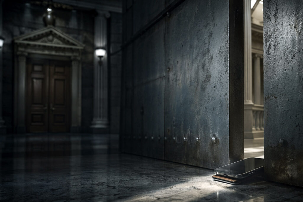 Smartphone propping open a heavy government-style door in a grand hall, symbolizing the SEC creating a narrow path for on-chain securities apps without waiting for Congress
