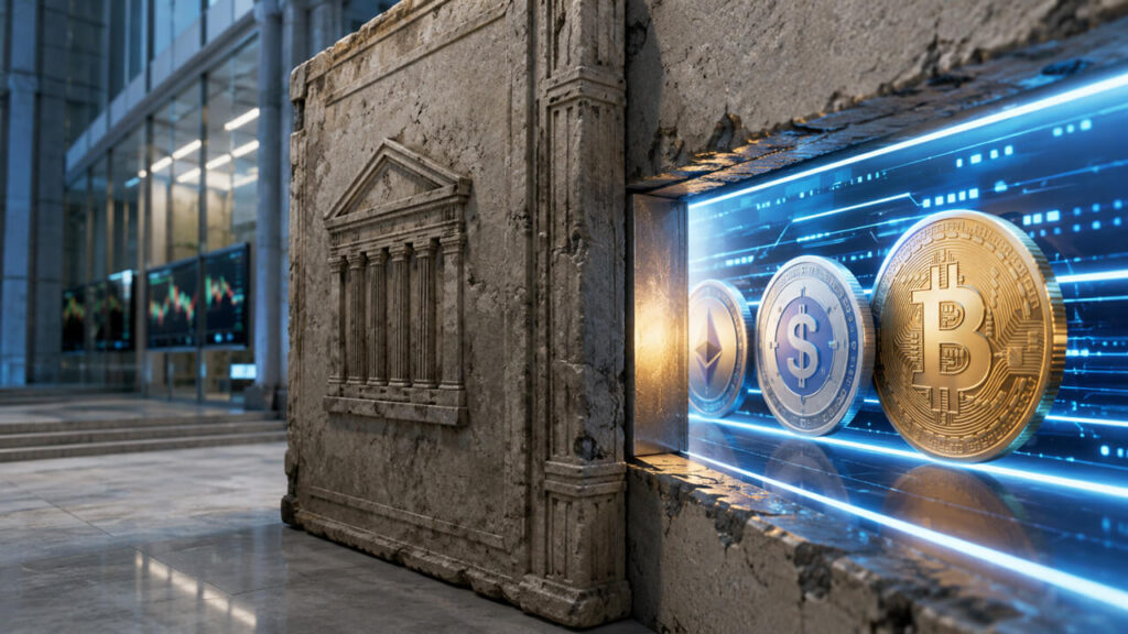 Ancient stone barrier with digital finance interface symbols