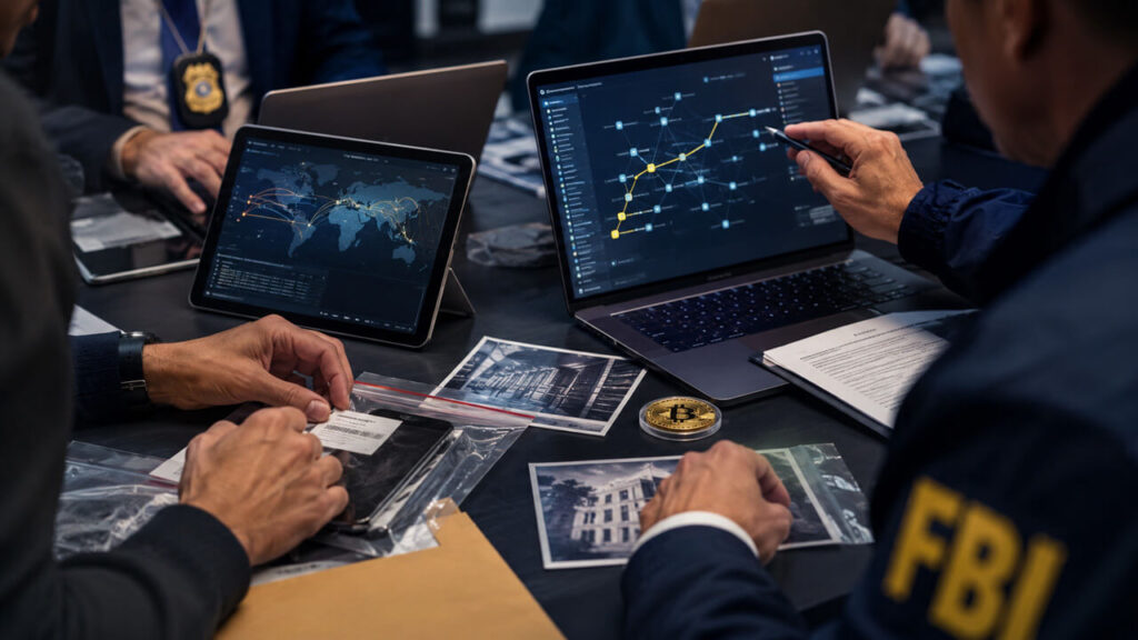 El Congreso toma medidas para reconstruir el grupo de trabajo sobre delitos contra las criptomonedas después de que el Departamento de Justicia desmantelara su equipo dedicado a las criptomonedas FBI agents analyzing blockchain transaction networks and digital evidence around a Bitcoin case file, reflecting efforts to rebuild a dedicated crypto crime task force after the DOJ dismantled its specialized team.