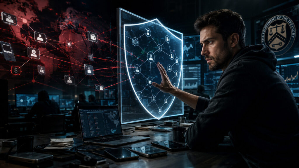 Cybersecurity analyst monitoring illicit financial networks and digital asset transactions behind a virtual security shield, representing anti-money laundering enforcement and financial crime prevention.