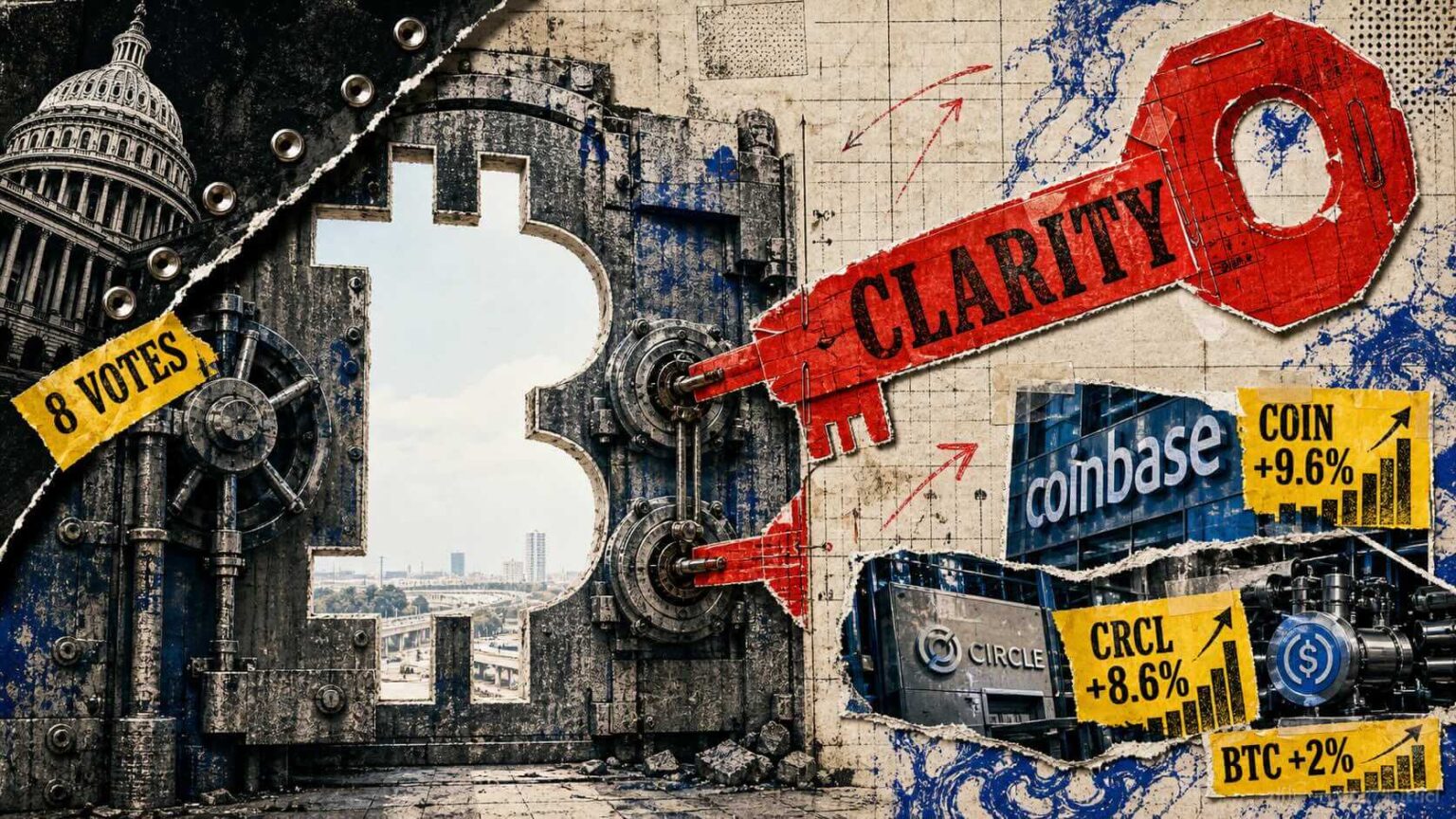 Bitcoin subió un 2% gracias al progreso de CLARITY, mientras que Coinbase y Circle saltaron más del 8%