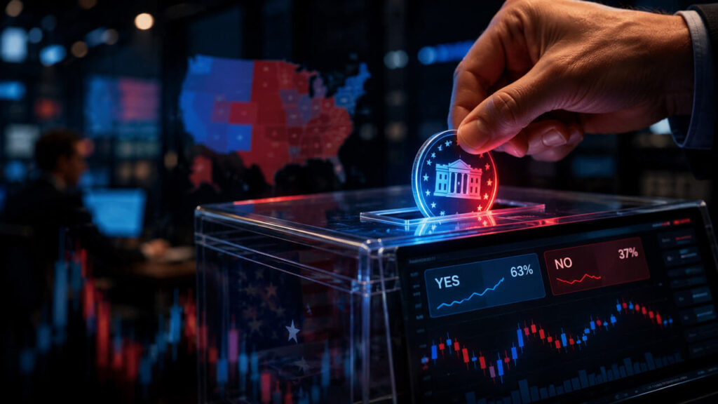 Hand places a glowing election event contract token into a transparent ballot box connected to a brokerage trading screen.