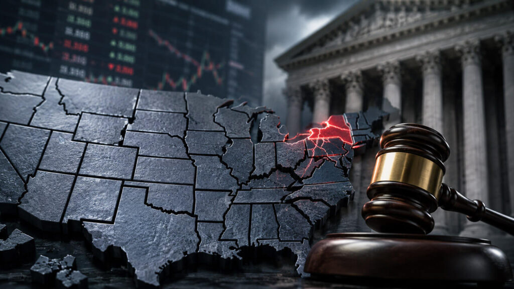 La derrota judicial de Kalshi muestra que la aprobación federal aún puede dejar los mercados de predicción cercados por los estados Judge’s gavel beside a fragmented U.S. map with New York glowing red, symbolizing state-level restrictions on prediction market access after Kalshi’s court loss.