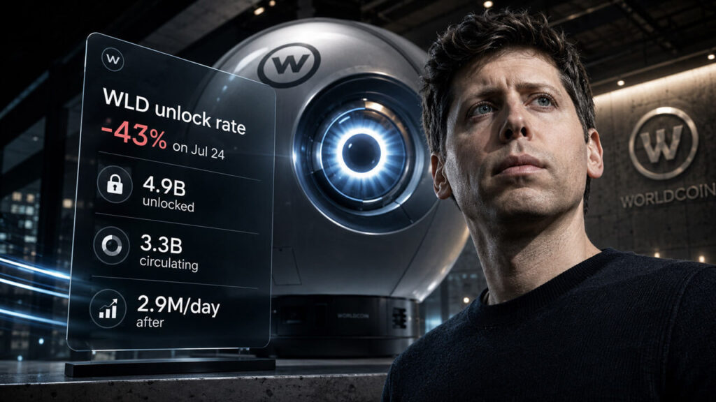 Worldcoin de Sam Altman reduce los desbloqueos de WLD en un 43%, pero aún se necesitan 4.900 millones de tokens para demostrar la demanda Bitcoin coin and tanker marker on a Strait of Hormuz map, symbolizing crypto market resilience during oil shipping disruption and U.S.-Iran conflict.